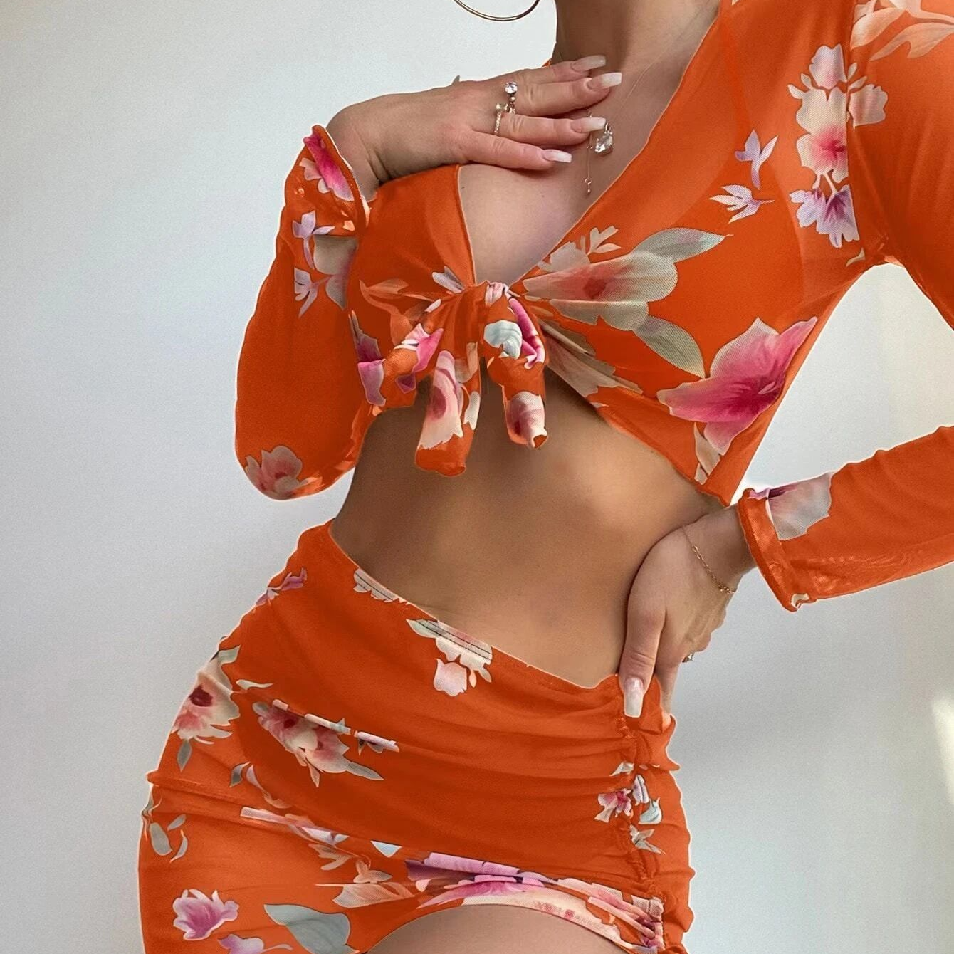 Wholesale Four-piece Set Split Printed Mesh Long Sleeve Swimwear
